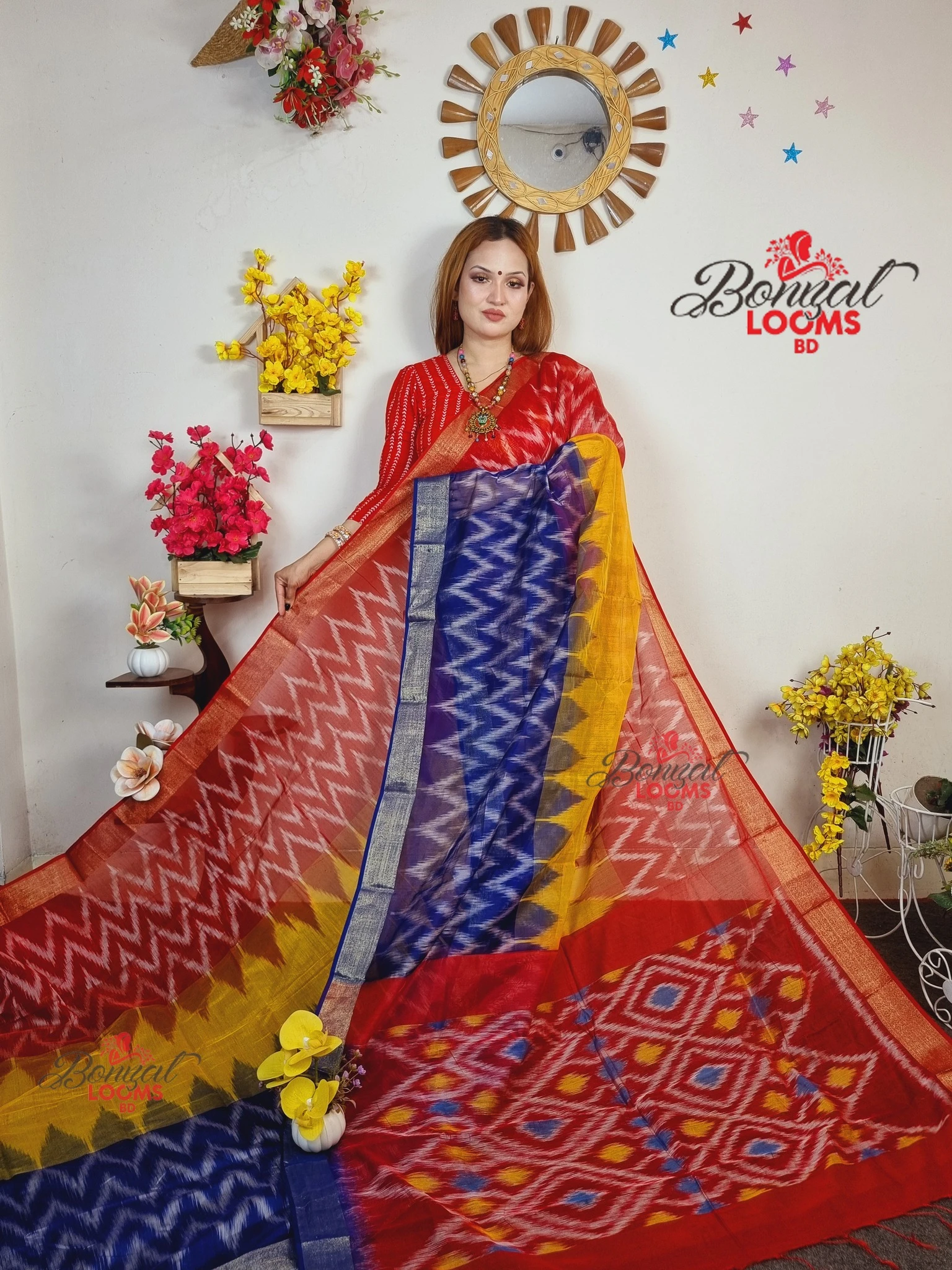 Blue Red Yellow Combination Handloom Ikkat Inspired Half Silk Katki Saree