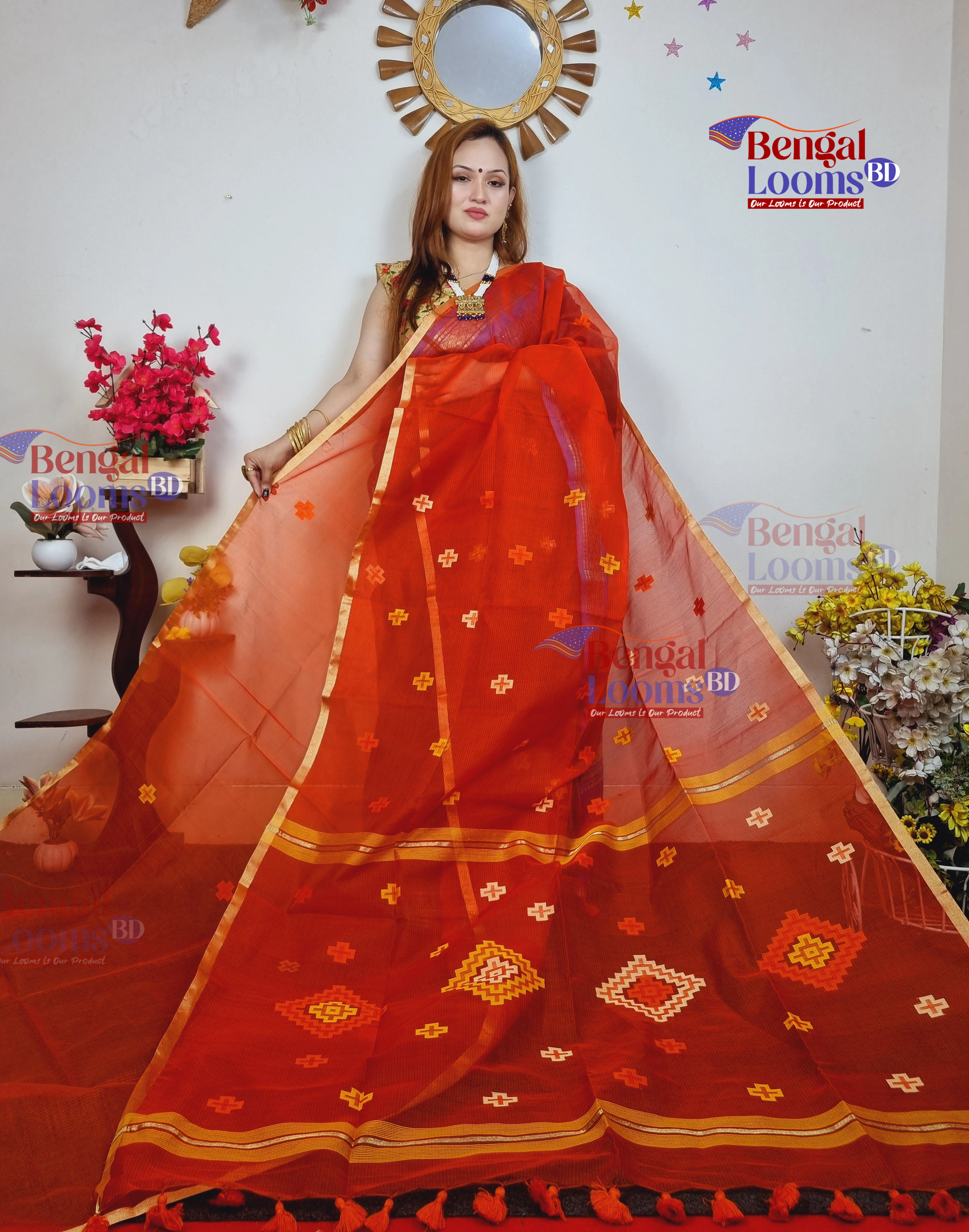 Orange Hand Loom Gas Half Silk Saree