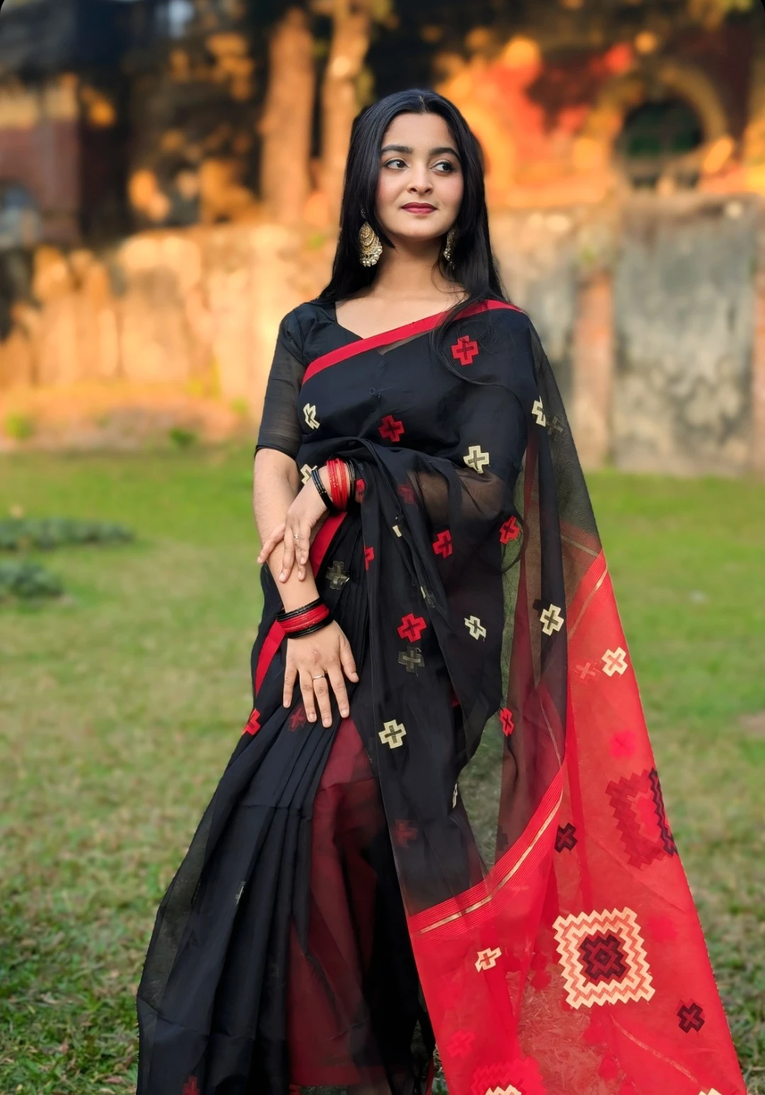 Black-Red Combination Handloom Gas Halfsilk Saree